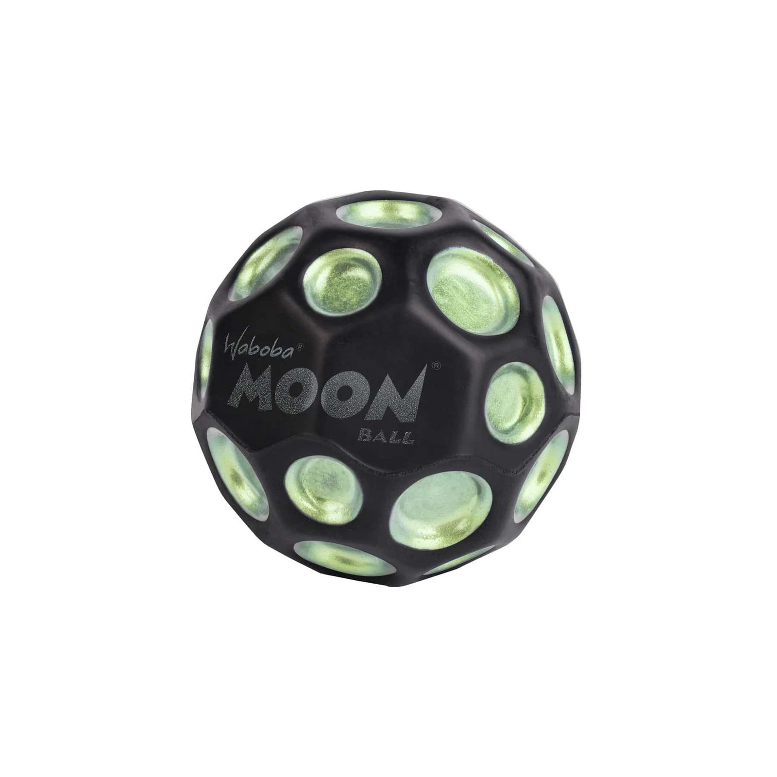 Waboba 3250613  Moon Ball DARK SIDE OF THE MOON – am Höchsten Springender Gummiball – Patentiertes Original-Design – Ballkrater Erzeugen beim Aufprall EIN knallendes Geräusch – Leicht Greifbar – Flummies für Kinder - 65mm DARK SIDE OF THE MOON schwarz-grün