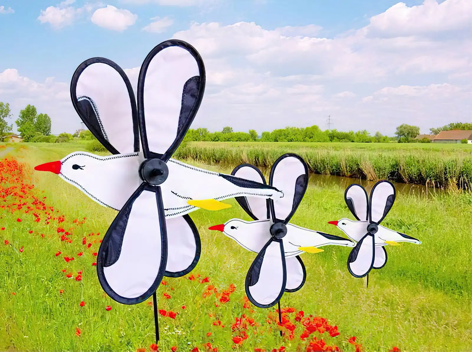 Windspiel stehend - Möwe 43 cm x 38 cm x 55 cm Höhe 70 cm weiß/schwarz Möwe 43 cm x 38 cm x 55 cm Höhe 70 cm weiß/schwarz
