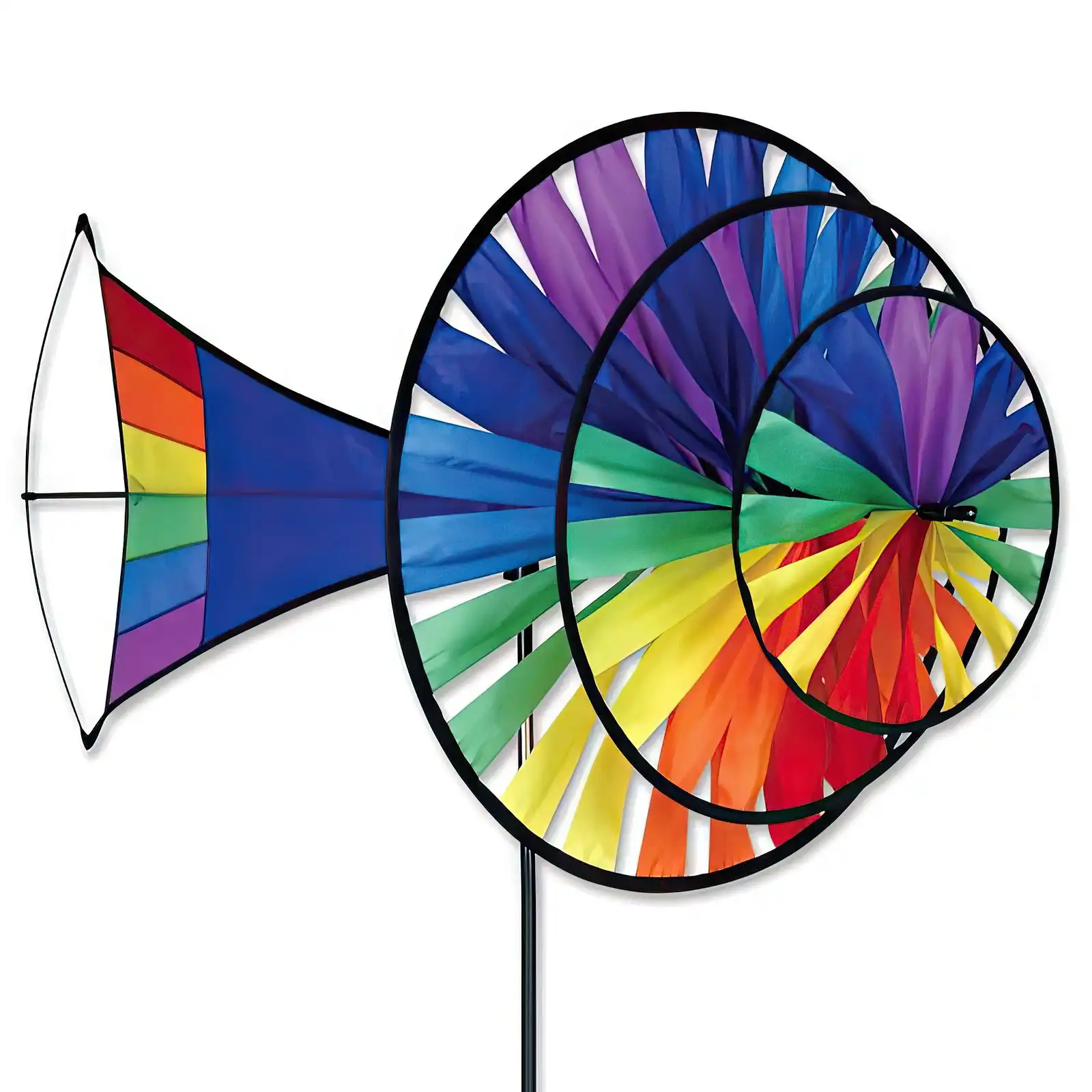 Windrad/stehendes Windspiel Large Rainbow Triple Spinner Ø 56 cm/45 Large Rainbow Triple Spinner Ø 56 cm/45 cm/31 cm Ruder 60 cm x 41 cm Höhe 174 cm rainbow