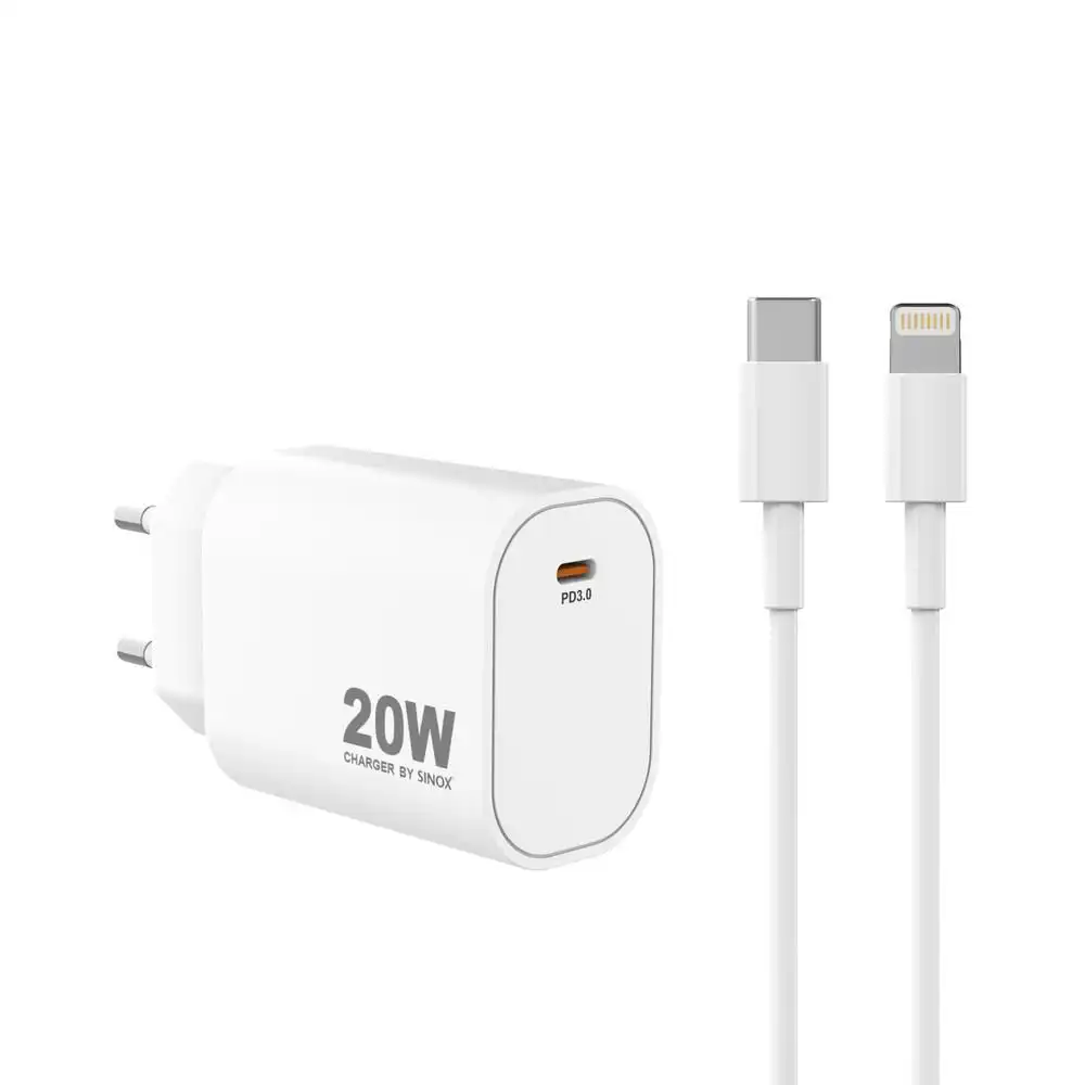 sinox Pro SXP 6820  USB-C Schnellladegerät mit USB-C/Lightning-Kabel   20 Watt USB-C Anschluss und USB-C/Lightning Kabel 2.00m weiß