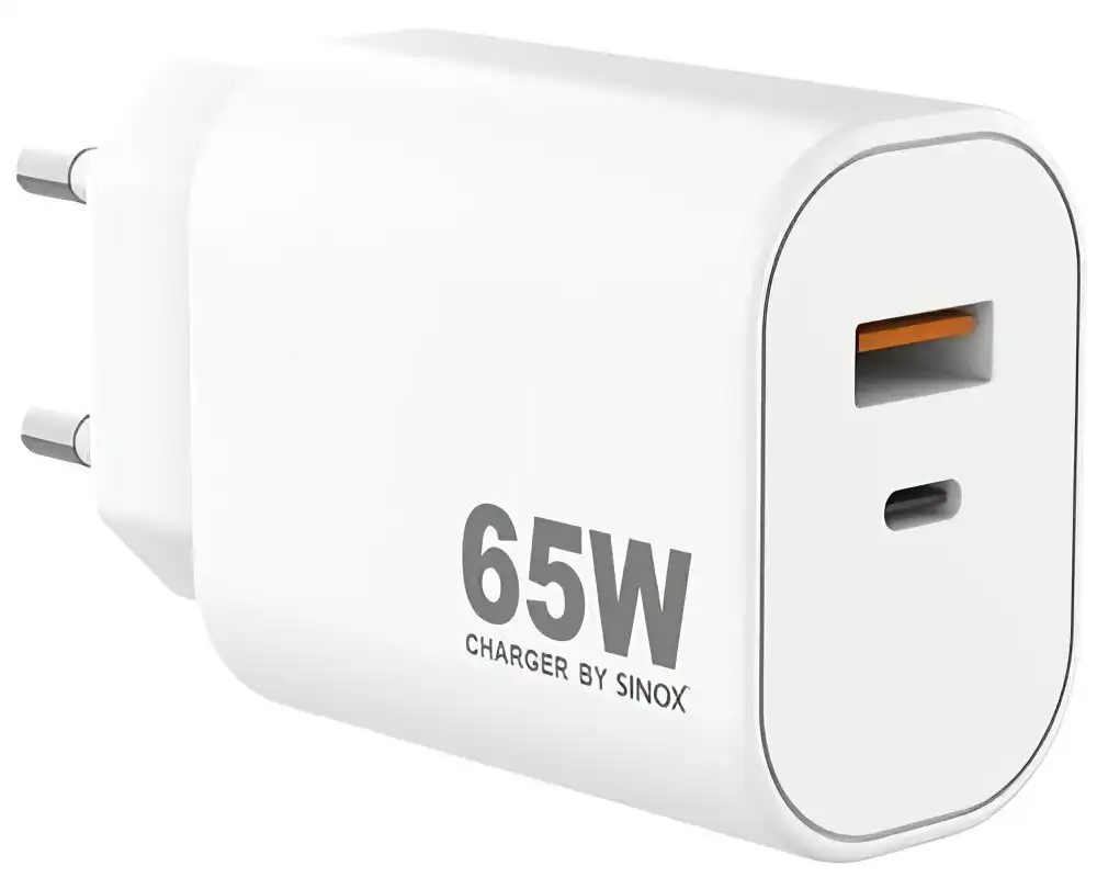 sinox Pro SXP 6065  USB-C / USB-A Schnellladegerät   65 Watt USB-C und USB-A Anschluss weiß