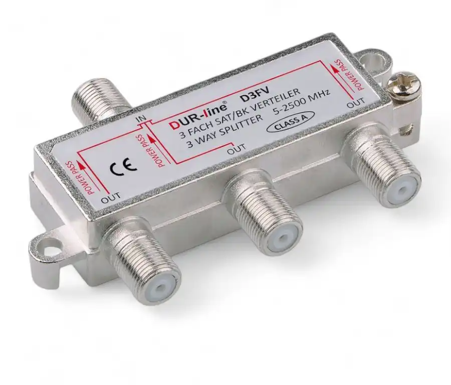 DUR-line SAT & BK-Verteiler - Class A - 3-Fach Splitter -,  voll geschirmt - Verteiler 3-fach Unicable & HD tauglich DUR-line D3FV - für Satelliten-Anlagen(DVB-S2) - BK - UKW Radio - DC-Durchlass - TV Antennen Fernseh Verteiler