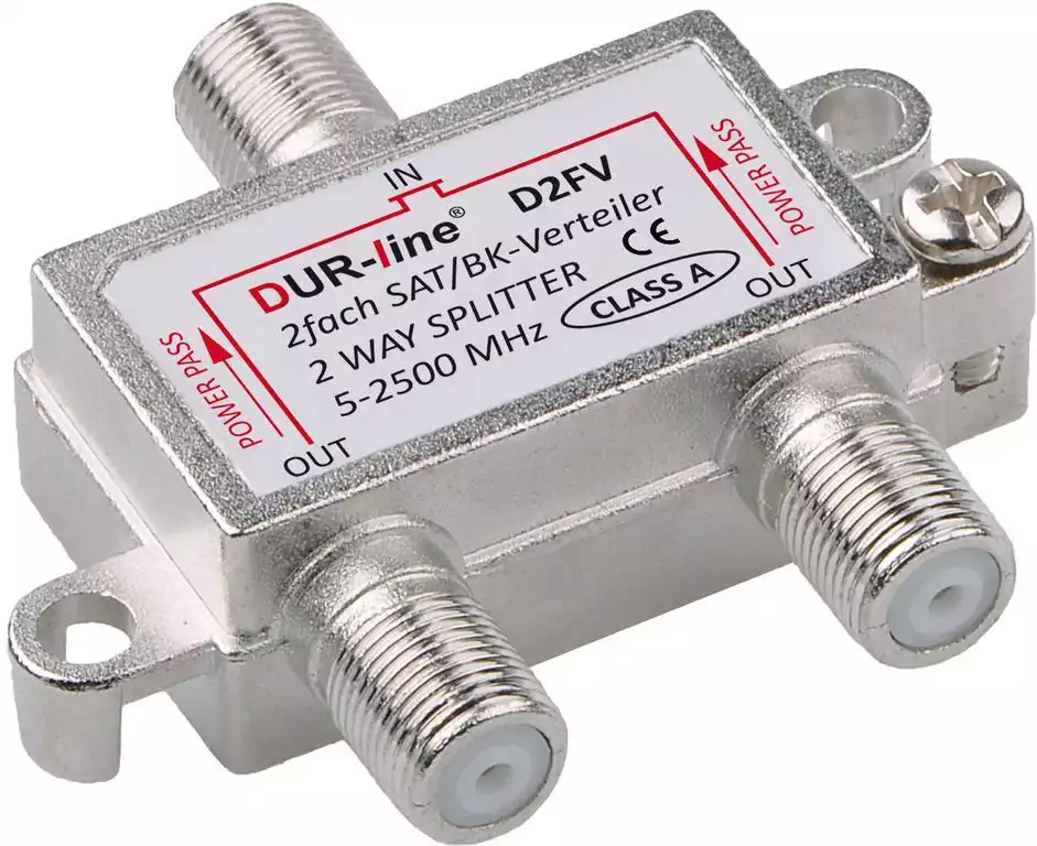 DUR-line SAT & BK-Verteiler - Class A - 2-Fach Splitter -,  voll geschirmt - Verteiler 2-fach Unicable & HD tauglich DUR-line D2FV - für Satelliten-Anlagen(DVB-S2) - BK - UKW Radio - DC-Durchlass - TV Antennen Fernseh Verteiler