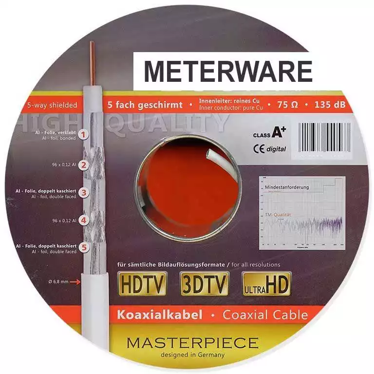 Antennenkabel - Transmedia KH134-100R-M   6.8 mm 135 dB Meterware Kupfer weiß Sat Kabel HIGH Class A+