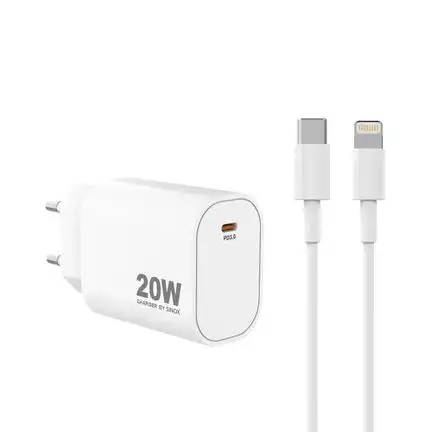 sinox Pro SXP 6820  USB-C Schnellladegerät mit USB-C/Lightning-Kabel   20 Watt USB-C Anschluss und USB-C/Lightning Kabel 2.00m weiß