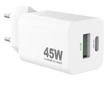 sinox Pro SXP 6045  USB-C / USB-A Schnellladegerät   45 Watt USB-C und USB-A Anschluss weiß